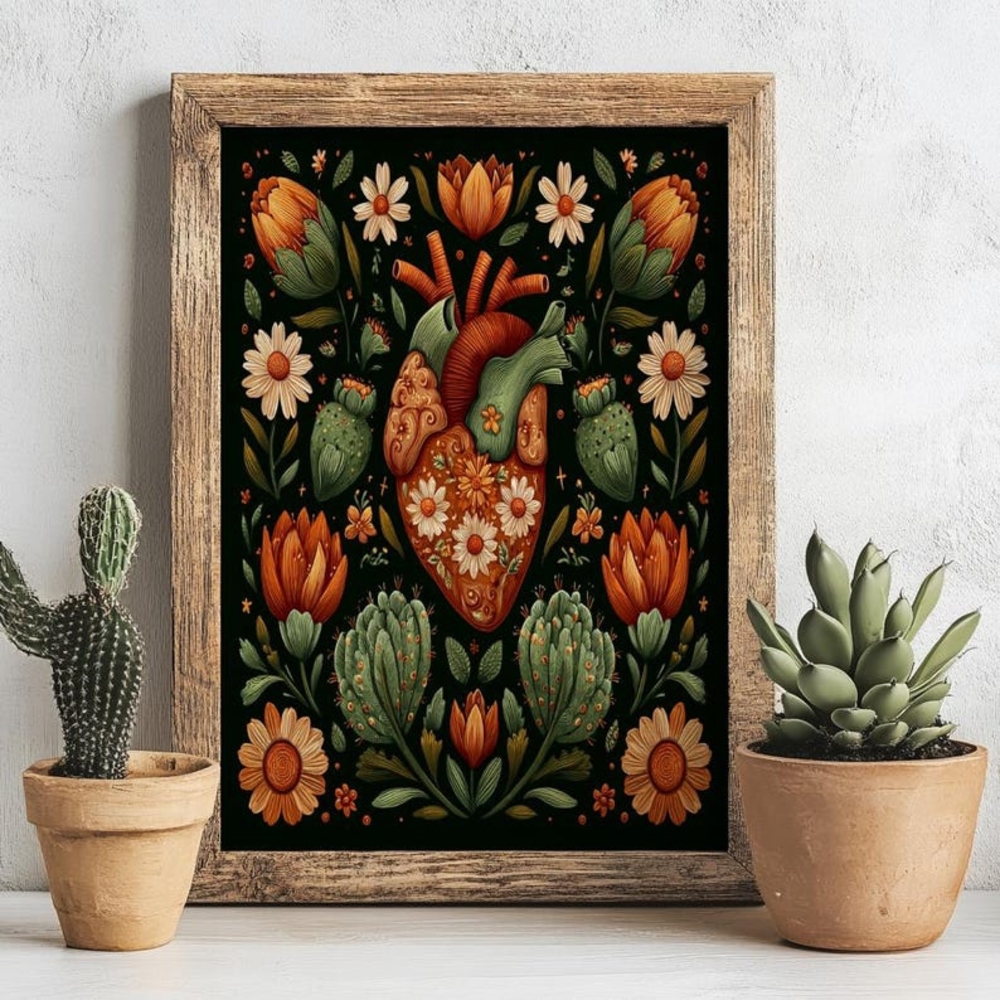 Folklorico Heart Art Print – Colorful Corazon Mexican Folk Art, Fall Wall Decor